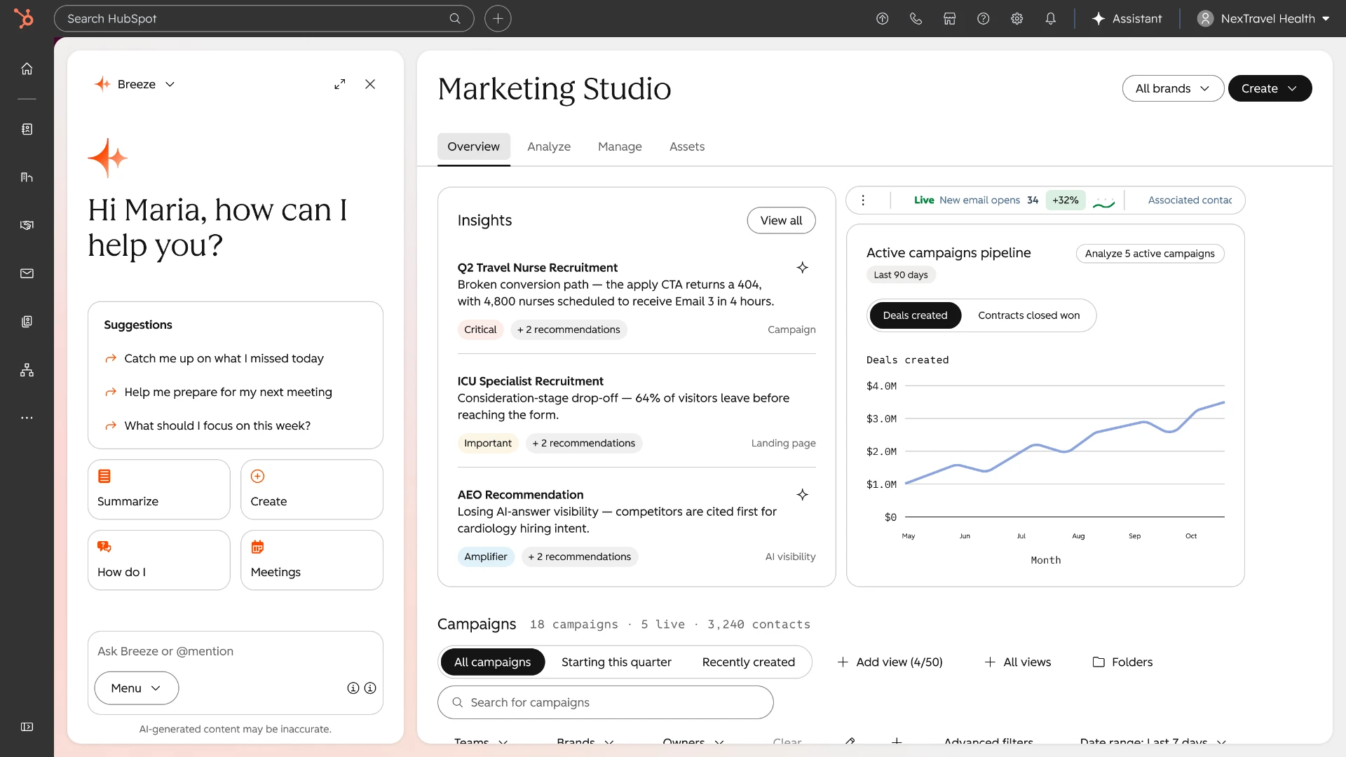 HubSpot Marketing Studio -näkymä: kampanjat, insightit ja pipeline